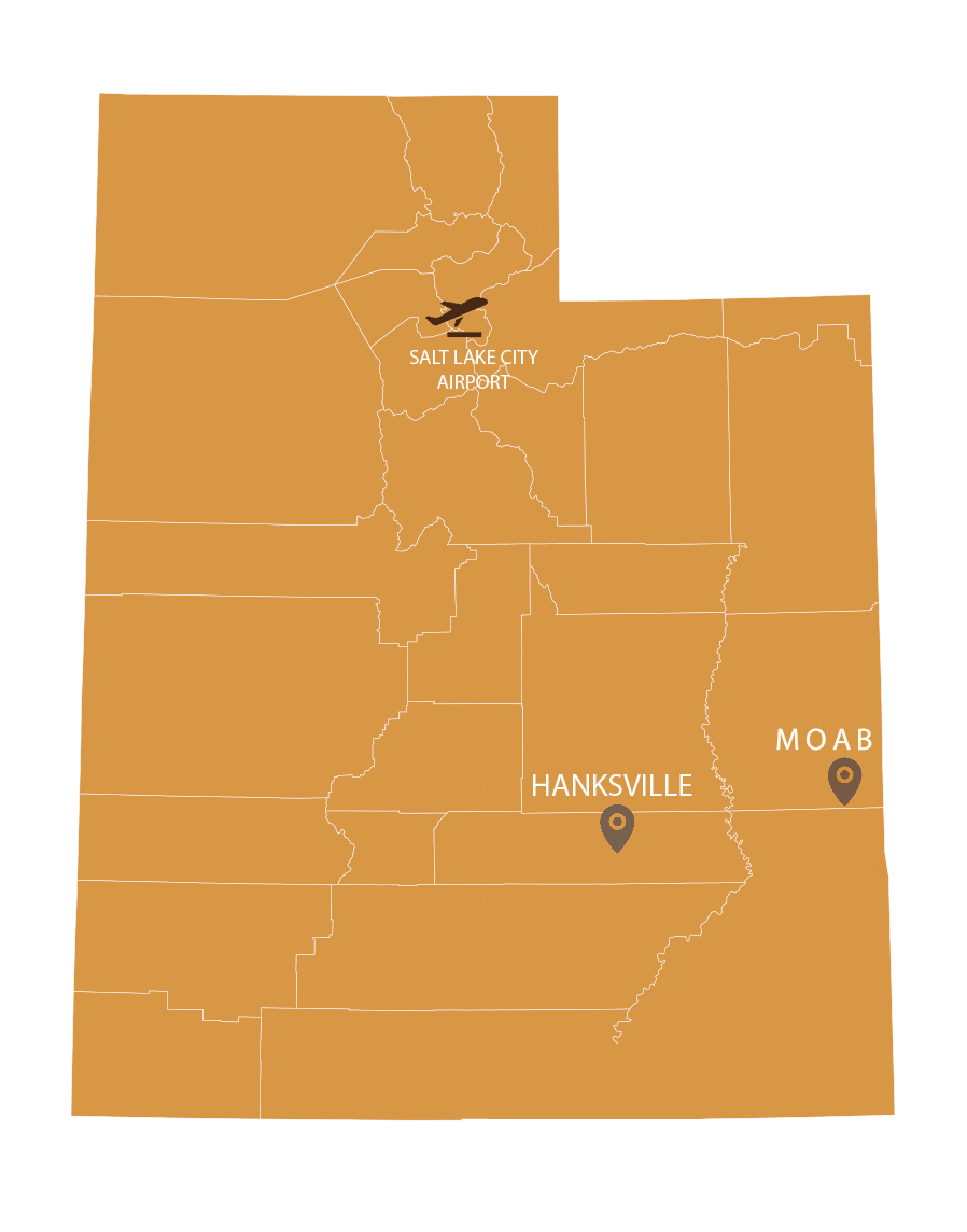 Mapa de la ruta del recorrido fotográfico por Utah: aeropuerto de Salt Lake City, Hanksville y Moab